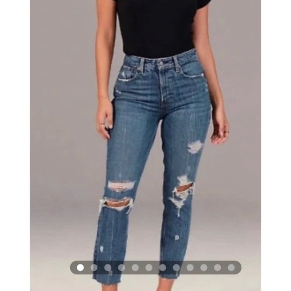 Abercrombie & Fitch Denim - Abercombie Curve Love High Rise Ankle Straight Leg Dark Wash Distressed jeans 24